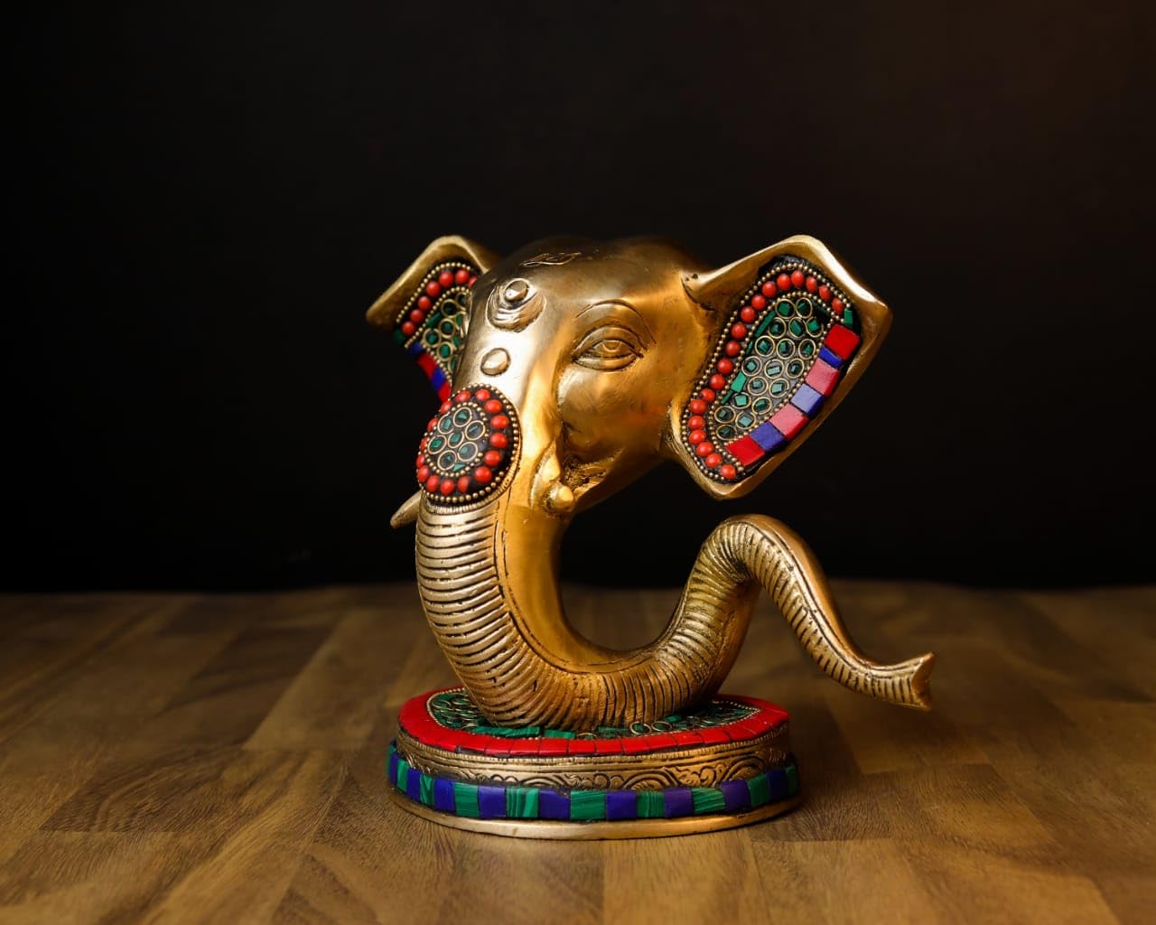 Mridaya Brass Ganesha Head Statue With Basestonework, 23 Cm Brass Ganesh Statue, Ganpati Idol, Good Luck Gift For New Beginnings